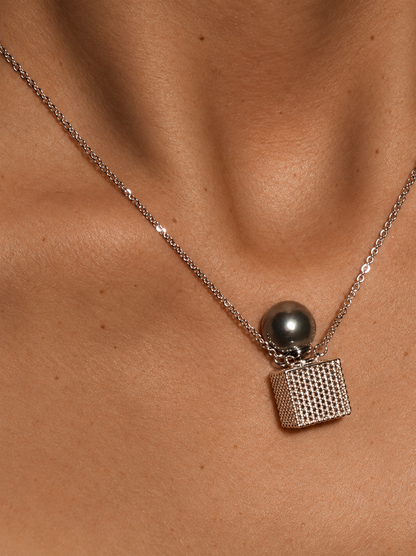 9mm Filigree Cube Tahitian Black Shell Pearl Neckalce