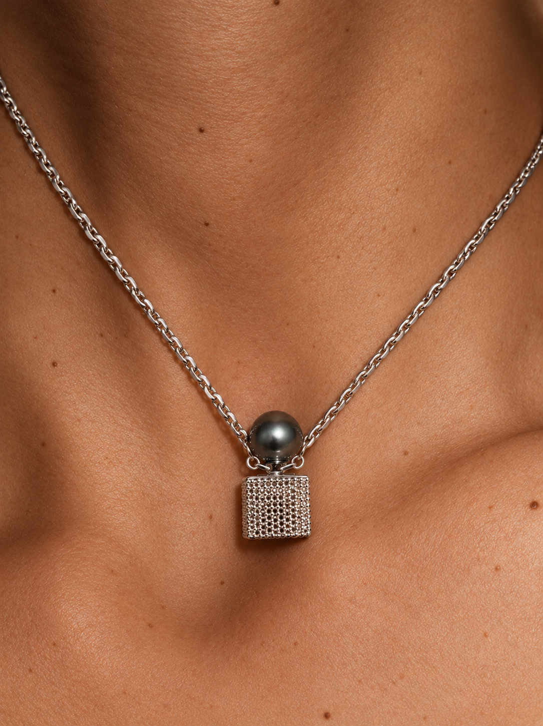 11mm Filigree Cube Tahitian Black Shell Pearl Neckalce